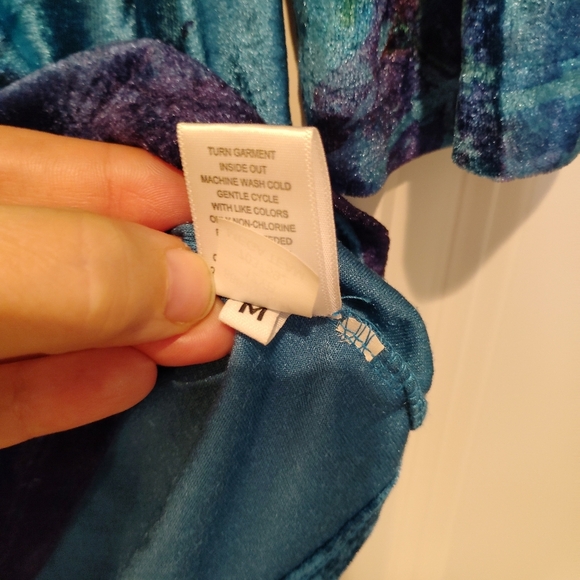 One World Velvet Tunic Top Blouse 3/4 Sleeve Blue Turquoise Medium M Boho Sequin - Picture 8 of 13